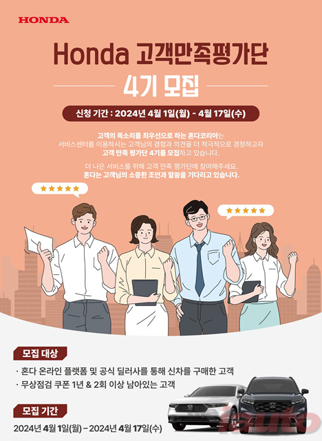 혼다코리아, 자동차 서비스 품질 강화 위한 ‘고객만족평가단’ 4기 모집